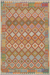 Flat Weave Kilim Antique Navaho Vintage handmade Geometric Kilim Rust Beige Hand-Woven Rectangle 100% Wool Area Rug 6x8