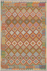 Flat Weave Kilim Antique Navaho Vintage handmade Geometric Kilim Rust Beige Hand-Woven Rectangle 100% Wool Area Rug 6x8