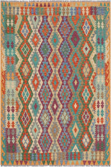 Flat Weave Kilim Antique Navaho Vintage handmade Geometric Kilim Rust Blue Hand-Woven Rectangle 100% Wool Area Rug 6x8