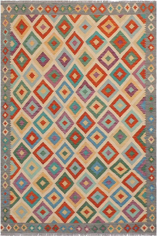 Flat Weave Kilim Antique Navaho Vintage handmade Geometric Kilim Beige Gray Hand-Woven Rectangle 100% Wool Area Rug 6x8
