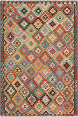 Flat Weave Kilim Antique Navaho Vintage handmade Geometric Kilim Blue Brown Hand-Woven Rectangle 100% Wool Area Rug 5x6