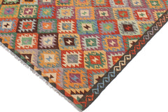 Flat Weave Kilim Antique Navaho Vintage handmade Geometric Kilim Blue Brown Hand-Woven Rectangle 100% Wool Area Rug 5x6
