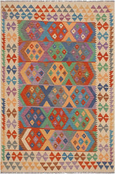 Flat Weave Kilim Antique Navaho Vintage handmade Geometric Kilim Blue Beige Hand-Woven Rectangle 100% Wool Area Rug 6x8