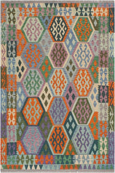 Flat Weave Kilim Antique Navaho Vintage handmade Geometric Kilim Blue Beige Hand-Woven Rectangle 100% Wool Area Rug 5x6