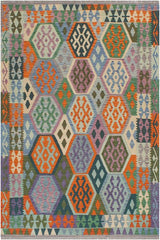 Flat Weave Kilim Antique Navaho Vintage handmade Geometric Kilim Blue Beige Hand-Woven Rectangle 100% Wool Area Rug 5x6