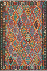 Flat Weave Kilim Antique Navaho Vintage handmade Geometric Kilim Rust Green Hand-Woven Rectangle 100% Wool Area Rug 5x6
