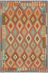 Flat Weave Kilim Antique Navaho Vintage handmade Geometric Kilim Rust Blue Hand-Woven Rectangle 100% Wool Area Rug 5x7