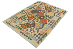 Flat Weave Kilim Antique Navaho Vintage handmade Geometric Kilim Rust Blue Hand-Woven Rectangle 100% Wool Area Rug 5x7