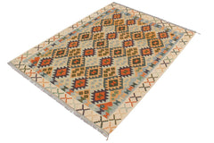 Flat Weave Kilim Antique Navaho Vintage handmade Geometric Kilim Blue Beige Hand-Woven Rectangle 100% Wool Area Rug 5x7