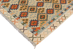 Flat Weave Kilim Antique Navaho Vintage handmade Geometric Kilim Blue Beige Hand-Woven Rectangle 100% Wool Area Rug 5x7