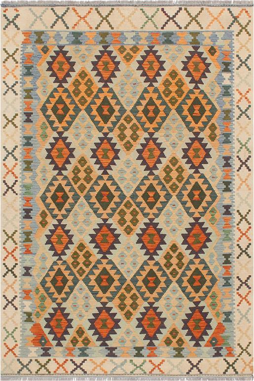 Flat Weave Kilim Antique Navaho Vintage handmade Geometric Kilim Blue Beige Hand-Woven Rectangle 100% Wool Area Rug 5x7
