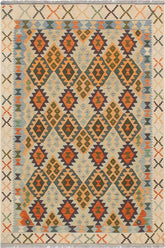 Flat Weave Kilim Antique Navaho Vintage handmade Geometric Kilim Blue Beige Hand-Woven Rectangle 100% Wool Area Rug 5x7