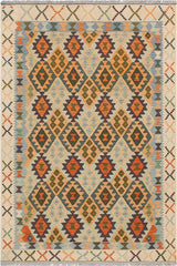 Flat Weave Kilim Antique Navaho Vintage handmade Geometric Kilim Blue Beige Hand-Woven Rectangle 100% Wool Area Rug 5x7