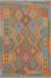 Flat Weave Kilim Antique Navaho Vintage handmade Geometric Kilim Blue Gray Hand-Woven Rectangle 100% Wool Area Rug 5x7