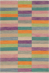 Flat Weave Kilim Antique Navaho Vintage handmade Modern Kilim Blue Brown Hand-Woven Rectangle 100% Wool Area Rug 5x7