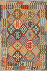 Flat Weave Kilim Antique Navaho Vintage handmade Geometric Kilim Rust Blue Hand-Woven Rectangle 100% Wool Area Rug 5x6