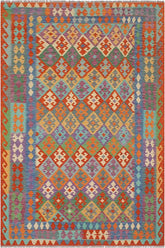 Flat Weave Kilim Antique Navaho Vintage handmade Geometric Kilim Rust Blue Hand-Woven Rectangle 100% Wool Area Rug 6x8