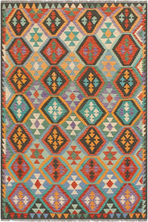 Flat Weave Kilim Antique Navaho Vintage handmade Geometric Kilim Rust Green Hand-Woven Rectangle 100% Wool Area Rug 6x8