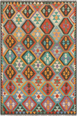 Flat Weave Kilim Antique Navaho Vintage handmade Geometric Kilim Rust Green Hand-Woven Rectangle 100% Wool Area Rug 6x8