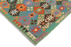 Flat Weave Kilim Antique Navaho Vintage handmade Geometric Kilim Green Blue Hand-Woven Rectangle 100% Wool Area Rug 5x7