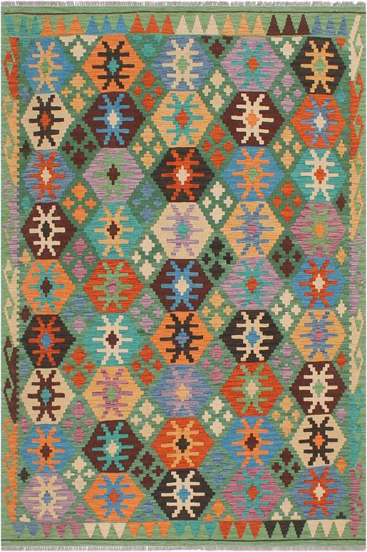 Flat Weave Kilim Antique Navaho Vintage handmade Geometric Kilim Green Blue Hand-Woven Rectangle 100% Wool Area Rug 5x7
