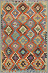 Flat Weave Kilim Antique Navaho Vintage handmade Geometric Kilim Rust Blue Hand-Woven Rectangle 100% Wool Area Rug 5x6