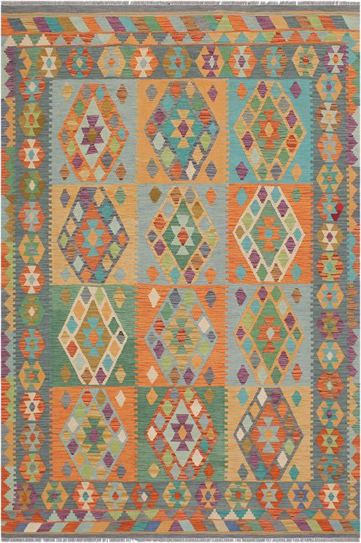 Flat Weave Kilim Antique Navaho Vintage handmade Geometric Kilim Rust Blue Hand-Woven Rectangle 100% Wool Area Rug 6x8
