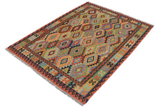 Flat Weave Kilim Antique Navaho Vintage handmade Geometric Kilim Blue Rust Hand-Woven Rectangle 100% Wool Area Rug 5x6