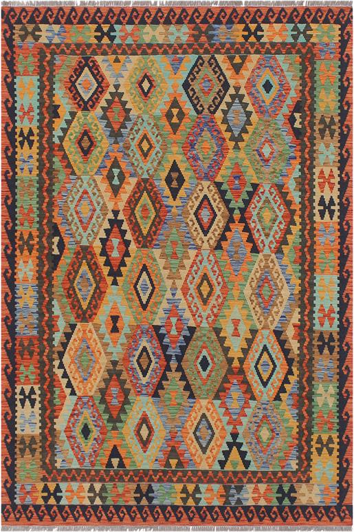 Flat Weave Kilim Antique Navaho Vintage handmade Geometric Kilim Blue Rust Hand-Woven Rectangle 100% Wool Area Rug 5x6