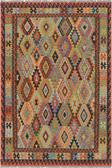 Flat Weave Kilim Antique Navaho Vintage handmade Geometric Kilim Blue Rust Hand-Woven Rectangle 100% Wool Area Rug 5x6