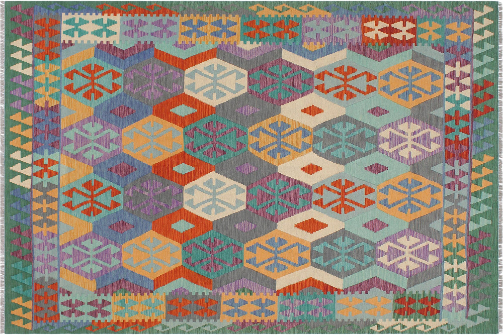 handmade Geometric Kilim Gray Green Hand-Woven RECTANGLE 100% WOOL area rug 6 x 8