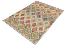 Flat Weave Kilim Antique Navaho Vintage handmade Geometric Kilim Rust Blue Hand-Woven Rectangle 100% Wool Area Rug 5x7