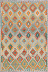 Flat Weave Kilim Antique Navaho Vintage handmade Geometric Kilim Rust Blue Hand-Woven Rectangle 100% Wool Area Rug 5x7