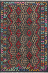 Flat Weave Kilim Antique Navaho Vintage handmade Geometric Kilim Red Green Hand-Woven Rectangle 100% Wool Area Rug 5x7