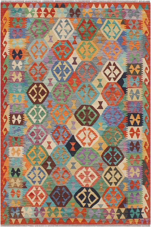 Flat Weave Kilim Antique Navaho Vintage handmade Geometric Kilim Blue Rust Hand-Woven Rectangle 100% Wool Area Rug 5x6