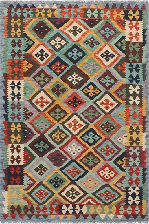 Flat Weave Kilim Antique Navaho Vintage handmade Geometric Kilim Rust Blue Hand-Woven Rectangle 100% Wool Area Rug 5x7