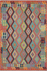Flat Weave Kilim Antique Navaho Vintage handmade Geometric Kilim Blue Rust Hand-Woven Rectangle 100% Wool Area Rug 6x8