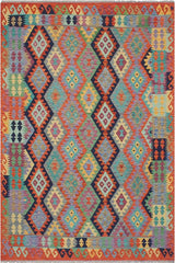 Flat Weave Kilim Antique Navaho Vintage handmade Geometric Kilim Blue Rust Hand-Woven Rectangle 100% Wool Area Rug 6x8