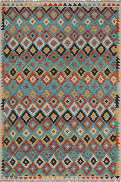 Flat Weave Kilim Antique Navaho Vintage handmade Modern Kilim Blue Beige Hand-Woven Rectangle 100% Wool Area Rug 6x8