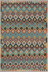 Flat Weave Kilim Antique Navaho Vintage handmade Modern Kilim Blue Beige Hand-Woven Rectangle 100% Wool Area Rug 6x8
