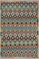 Flat Weave Kilim Antique Navaho Vintage handmade Modern Kilim Blue Beige Hand-Woven Rectangle 100% Wool Area Rug 6x8