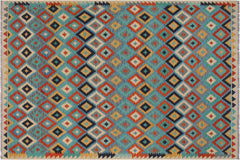 handmade Geometric Kilim Blue Beige Hand-Woven RECTANGLE 100% WOOL area rug 6 x 8