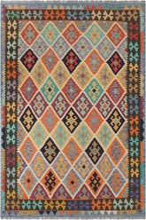 Flat Weave Kilim Antique Navaho Vintage handmade Geometric Kilim Beige Blue Hand-Woven Rectangle 100% Wool Area Rug 6x8