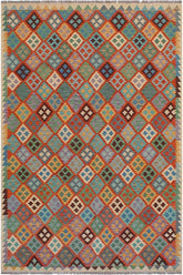 Flat Weave Kilim Antique Navaho Vintage handmade Modern Kilim Rust Beige Hand-Woven Rectangle 100% Wool Area Rug 6x8