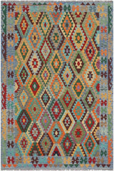 Flat Weave Kilim Antique Navaho Vintage handmade Geometric Kilim Red Blue Hand-Woven Rectangle 100% Wool Area Rug 6x8