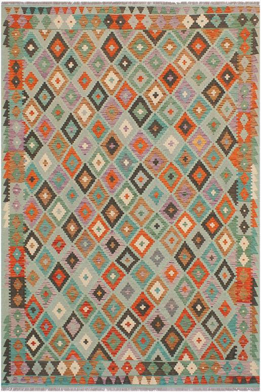 Flat Weave Kilim Antique Navaho Vintage handmade Geometric Kilim Blue Rust Hand-Woven Rectangle 100% Wool Area Rug 6x8