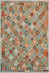 Flat Weave Kilim Antique Navaho Vintage handmade Geometric Kilim Blue Rust Hand-Woven Rectangle 100% Wool Area Rug 6x8