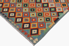 Flat Weave Kilim Antique Navaho Vintage handmade Modern Kilim Rust Blue Hand-Woven Rectangle 100% Wool Area Rug 6x8