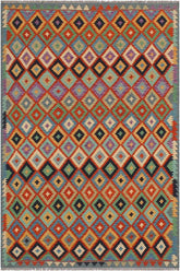 Flat Weave Kilim Antique Navaho Vintage handmade Modern Kilim Rust Blue Hand-Woven Rectangle 100% Wool Area Rug 6x8