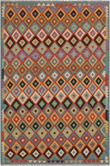 Flat Weave Kilim Antique Navaho Vintage handmade Modern Kilim Rust Blue Hand-Woven Rectangle 100% Wool Area Rug 6x8